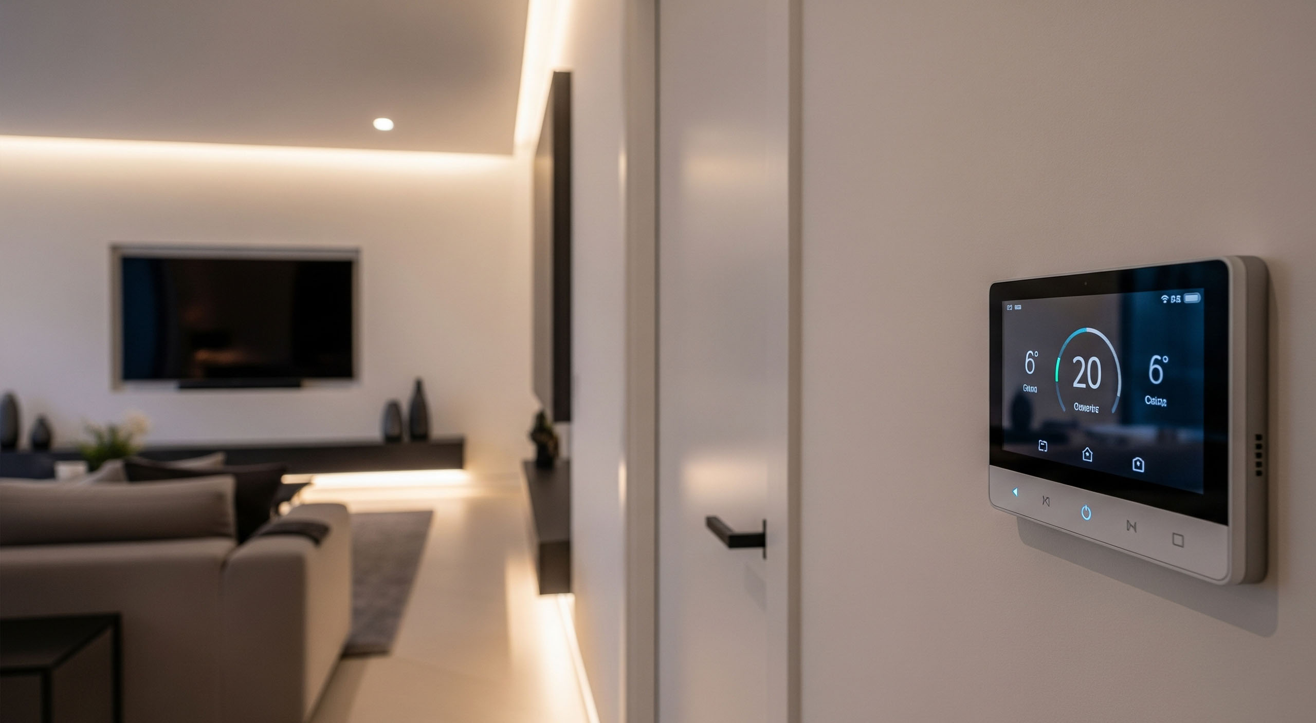 Smart home with a termostat on the wall to save energy