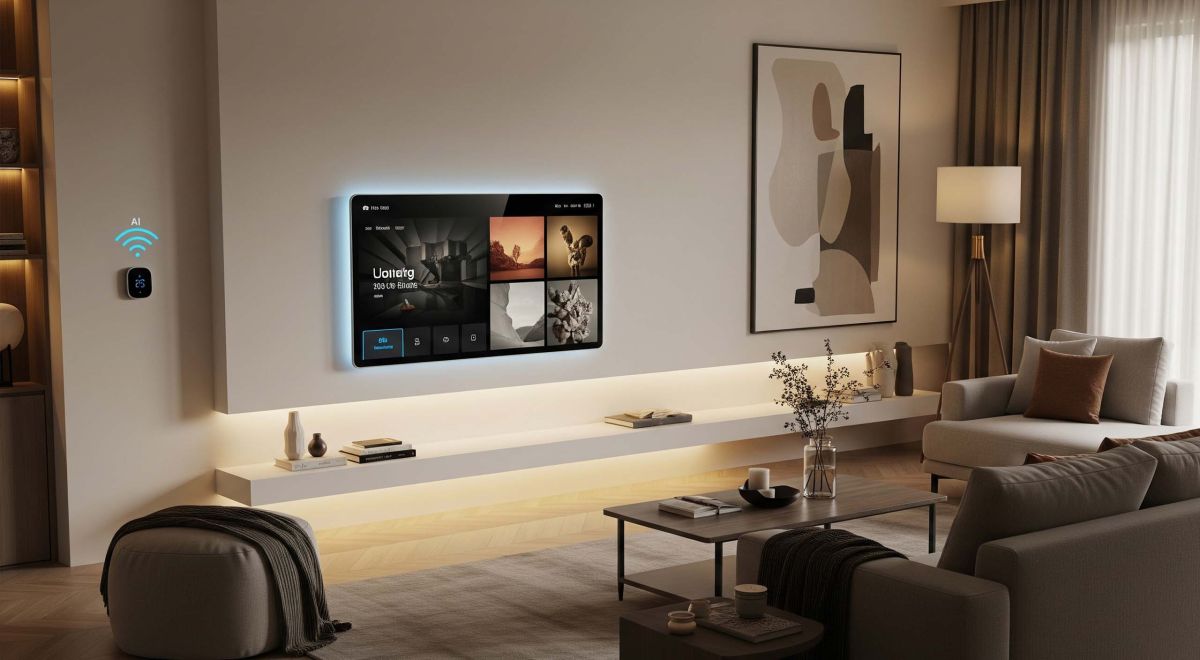 Modern smart home living room with connected devices, ambient lighting, and AI‑powered technology seamlessly integrated.