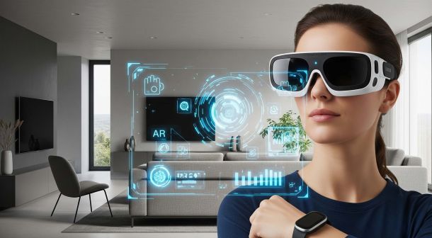 Illustration of 2025 consumer tech trends including AI, sustainability, immersive experiences, health wearables, and connected living.