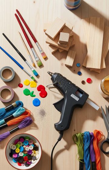 DIY tools and craft supplies on a worktable for creative projects