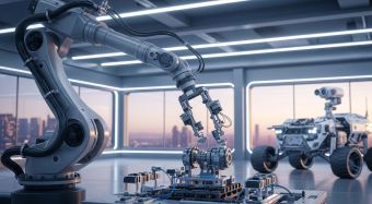 Futuristic robotic arm and space rover in action