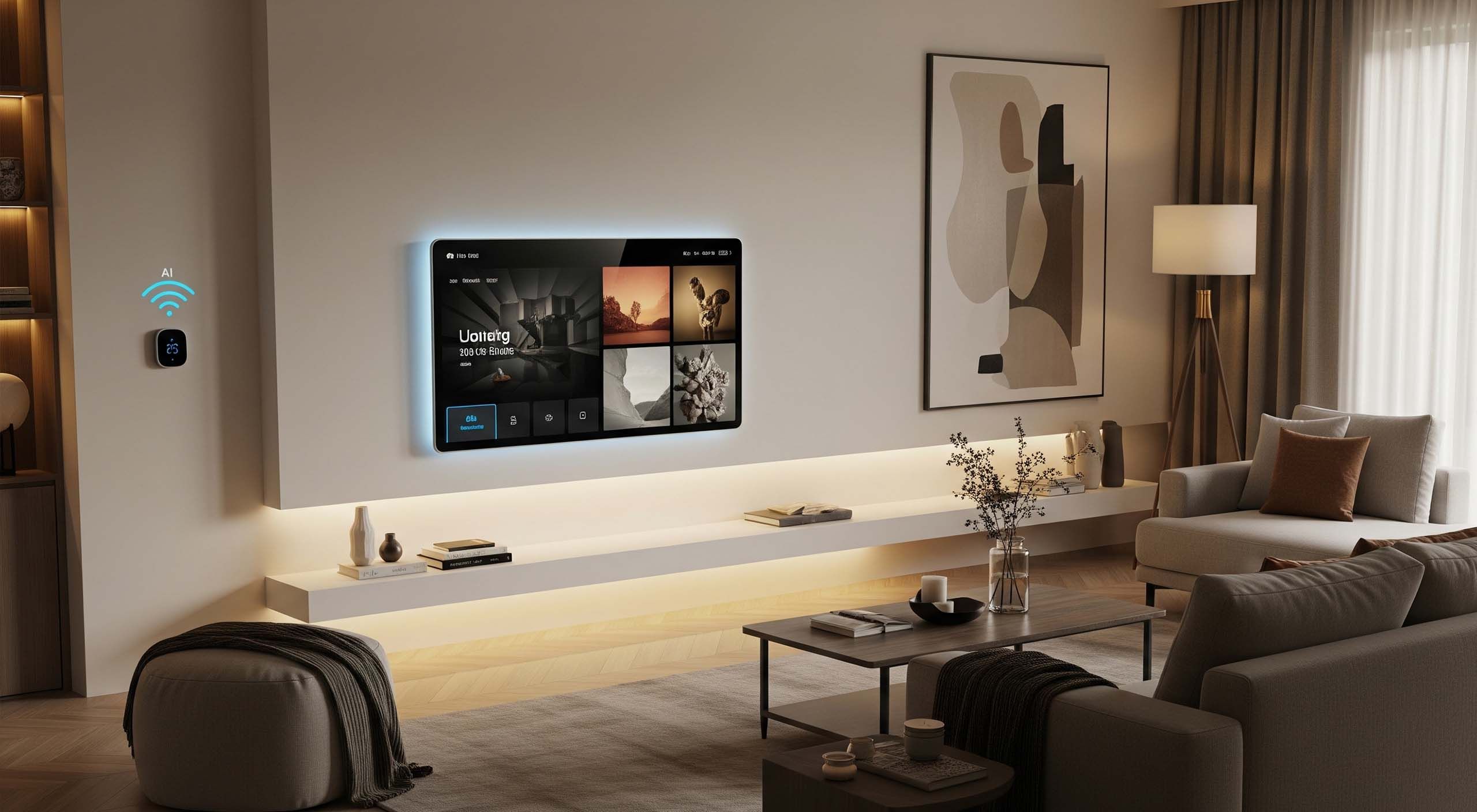 Modern smart home living room with connected devices, ambient lighting, and AI‑powered technology seamlessly integrated.