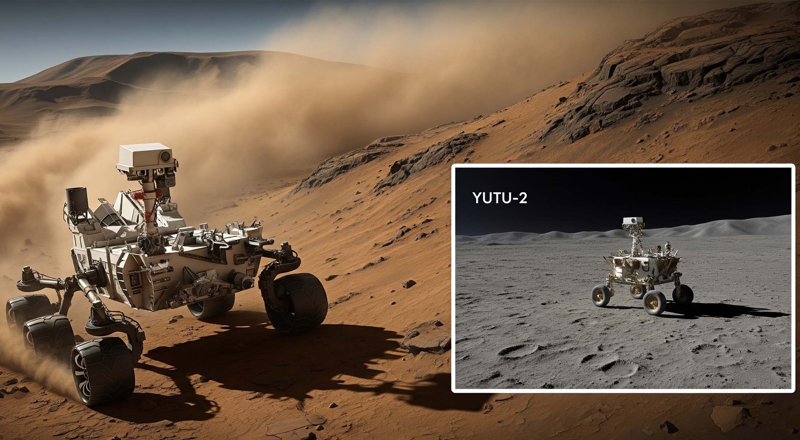 Perseverance rover exploring Mars and Yutu‑2 lunar robot on Moon, symbolizing robotics in space exploration.