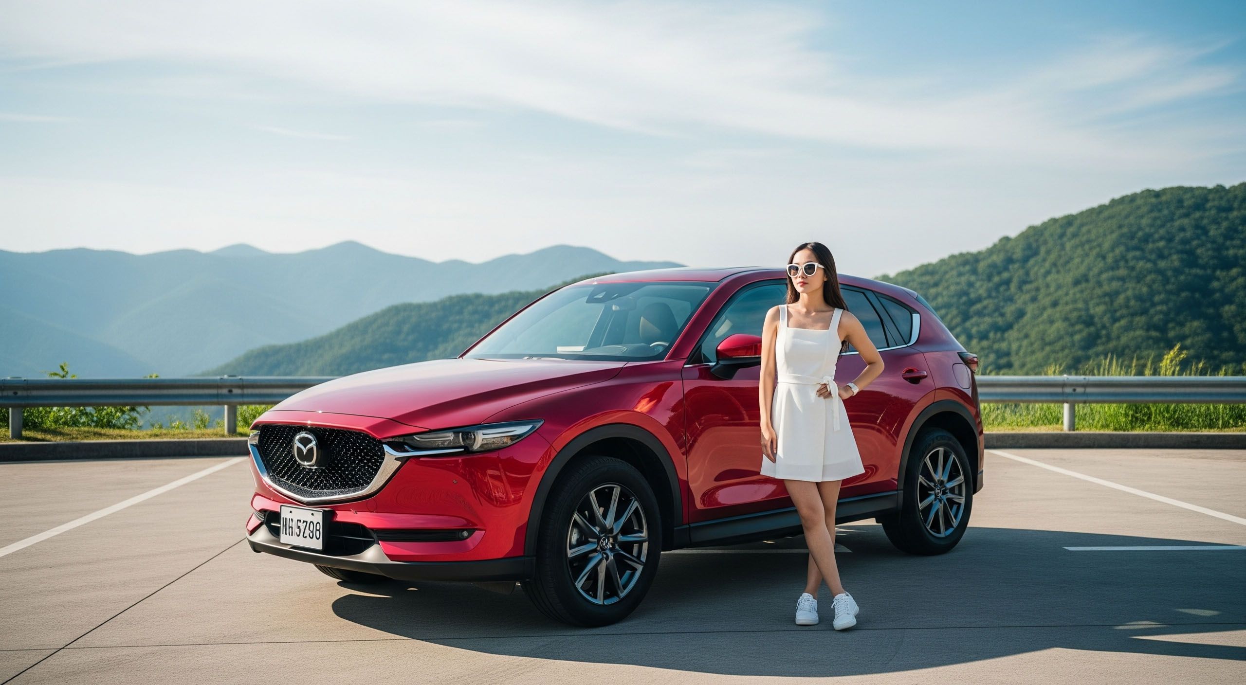 2026 Mazda CX-5 in red parked at a scenic mountain viewpoint with a young Asian woman in a white dress standing beside it