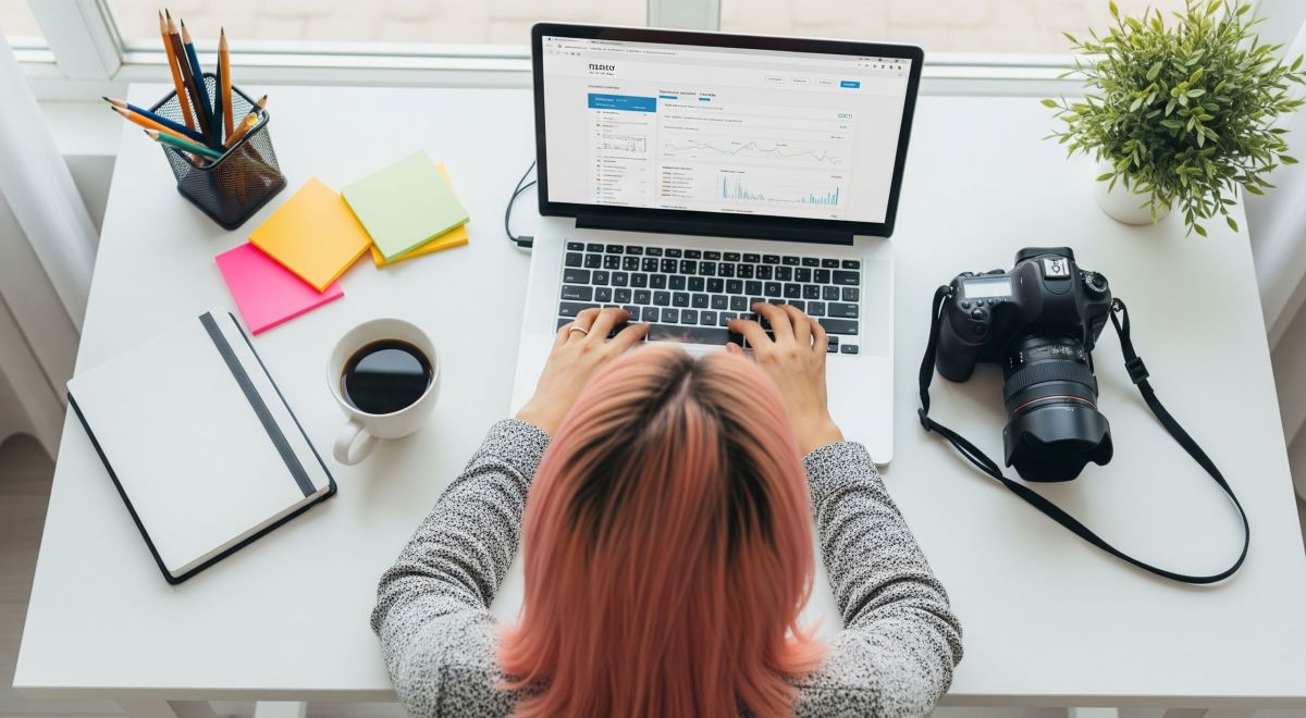 An overhead view of a blogger or influencer working at a desk., with a laptop open showing a website dashboard or analytics, surrounded by notes, coffee, a camera or phone.