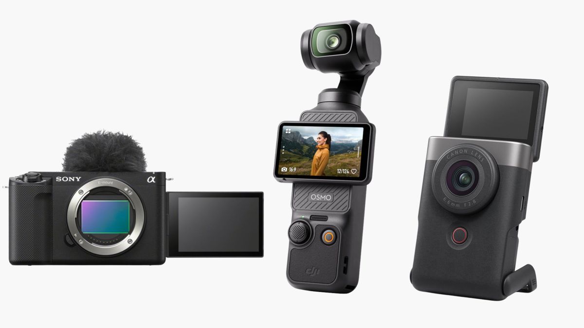 A selection of the best cameras for YouTube creators in 2025, including mirrorless cameras, compact vlogging cameras, and action cameras, displayed on a clean surface.