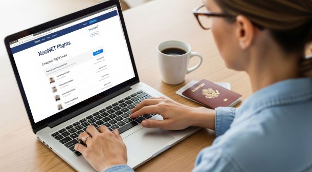 Person searching for cheap flights on a laptop with a coffee and passport on the table