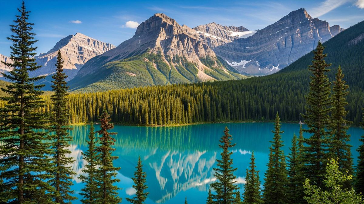 Turquoise Vista Lake surrounded by alpine forest and mountain peaks in Banff National Park