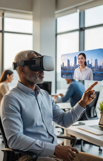 A man wearing a vr set while interacting with a woman in another country.