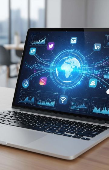 Laptop screen with digital dashboard and social media icons representing the online world