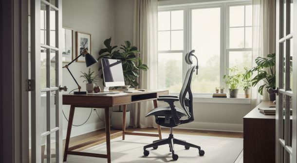 A stylish and functional home office with a sleek desk, ergonomic chair, and natural light