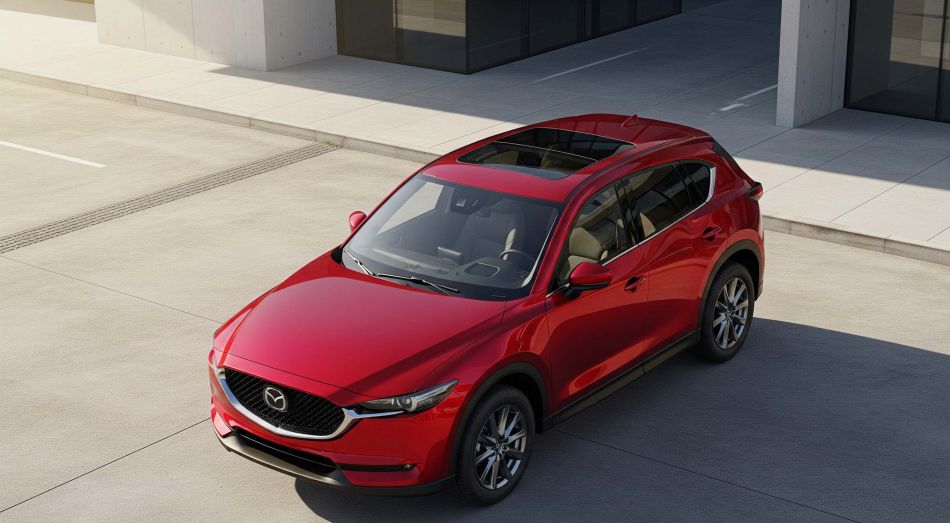 Poster of the new 2026 mazda cx5 parked in-front of a building