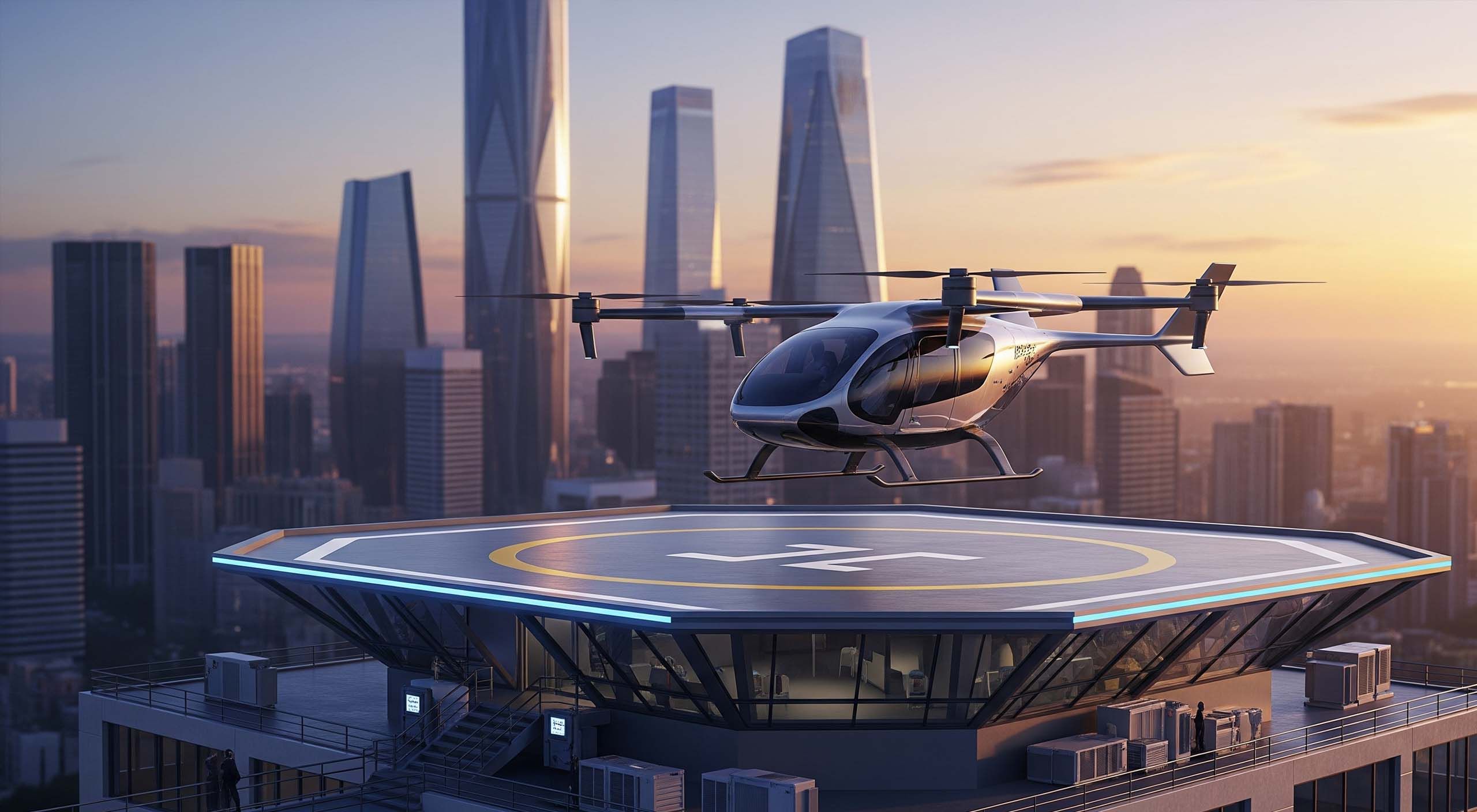 Concept of an eVTOL flying taxi landing at a rooftop vertiport in a futuristic city.