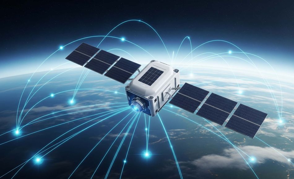 Sleek satellite orbiting Earth with glowing data connections