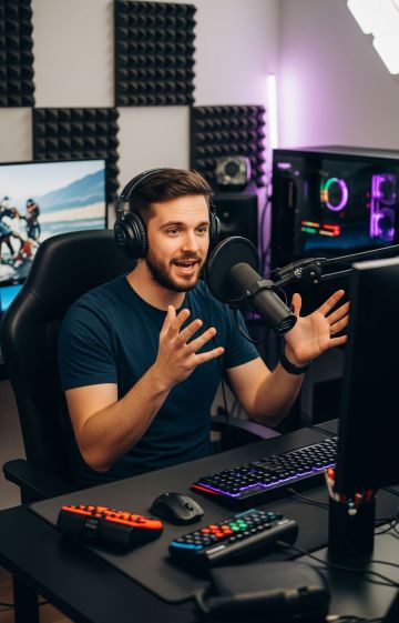Live streamer doing a podcast live on air in his home studio.