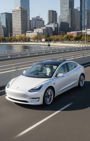 Consumer technology featuring a tesla self-driving through the city