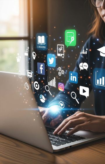Person learning digital skills on a laptop with tech icons and social media symbols