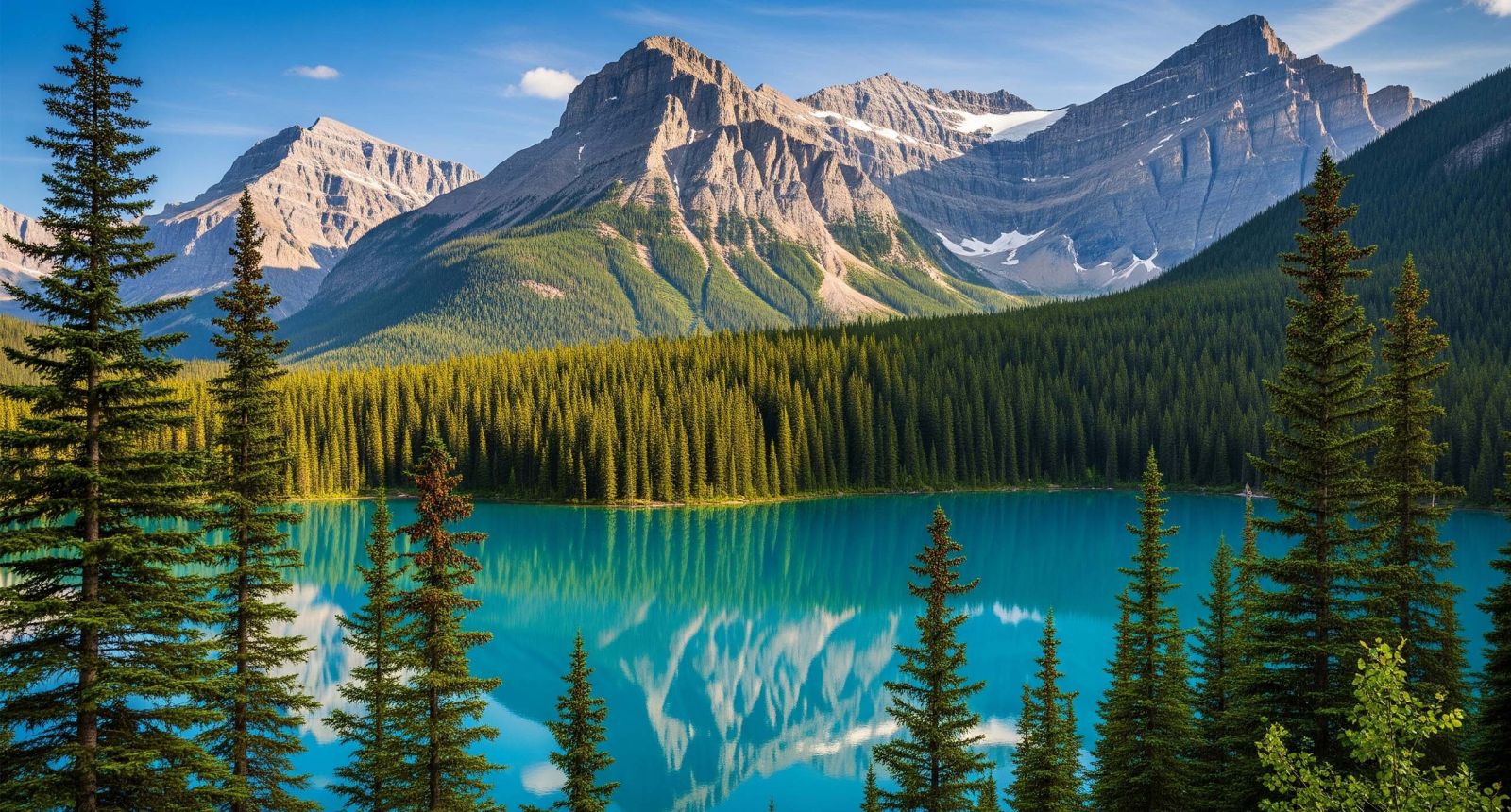 Turquoise Vista Lake surrounded by alpine forest and mountain peaks in Banff National Park