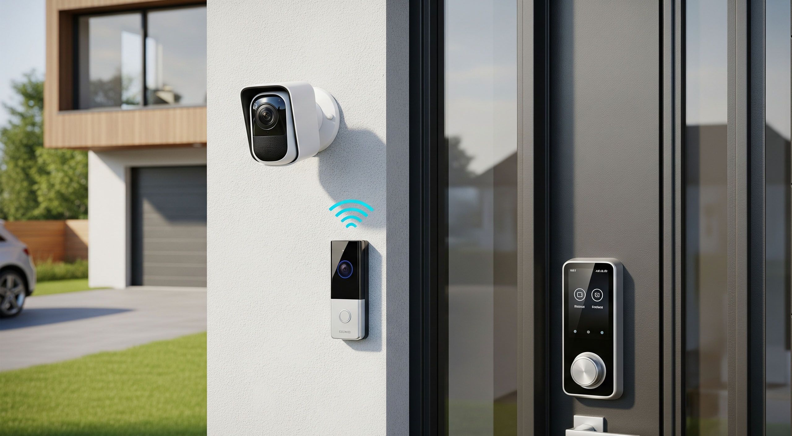 Modern smart home security system with camera and digital locks