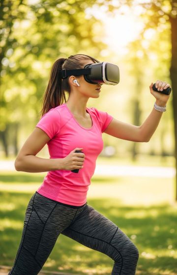 woman wearing a vr glasses while doing exercises outdoors