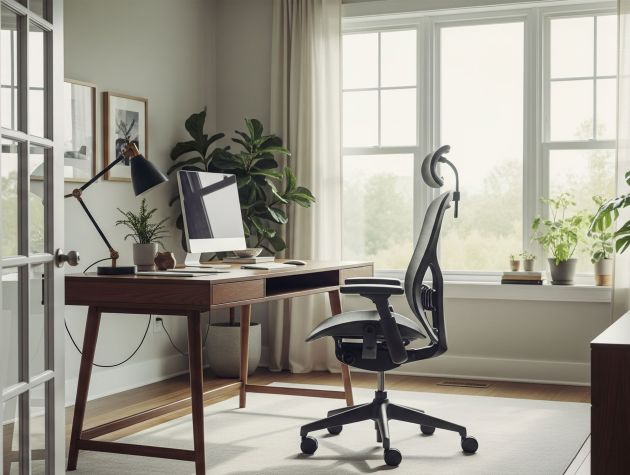 A stylish and functional home office with a sleek desk, ergonomic chair, and natural light
