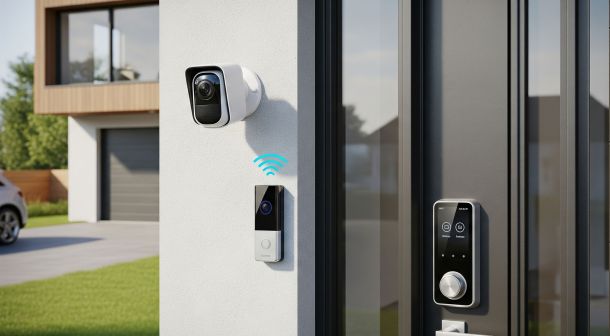 Modern smart home security system with camera and digital locks