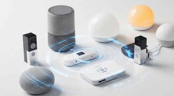 A collection of innovative smart home devices for 2025, including smart speakers, security cameras, smart thermostats, and smart displays, arranged on a clean background.