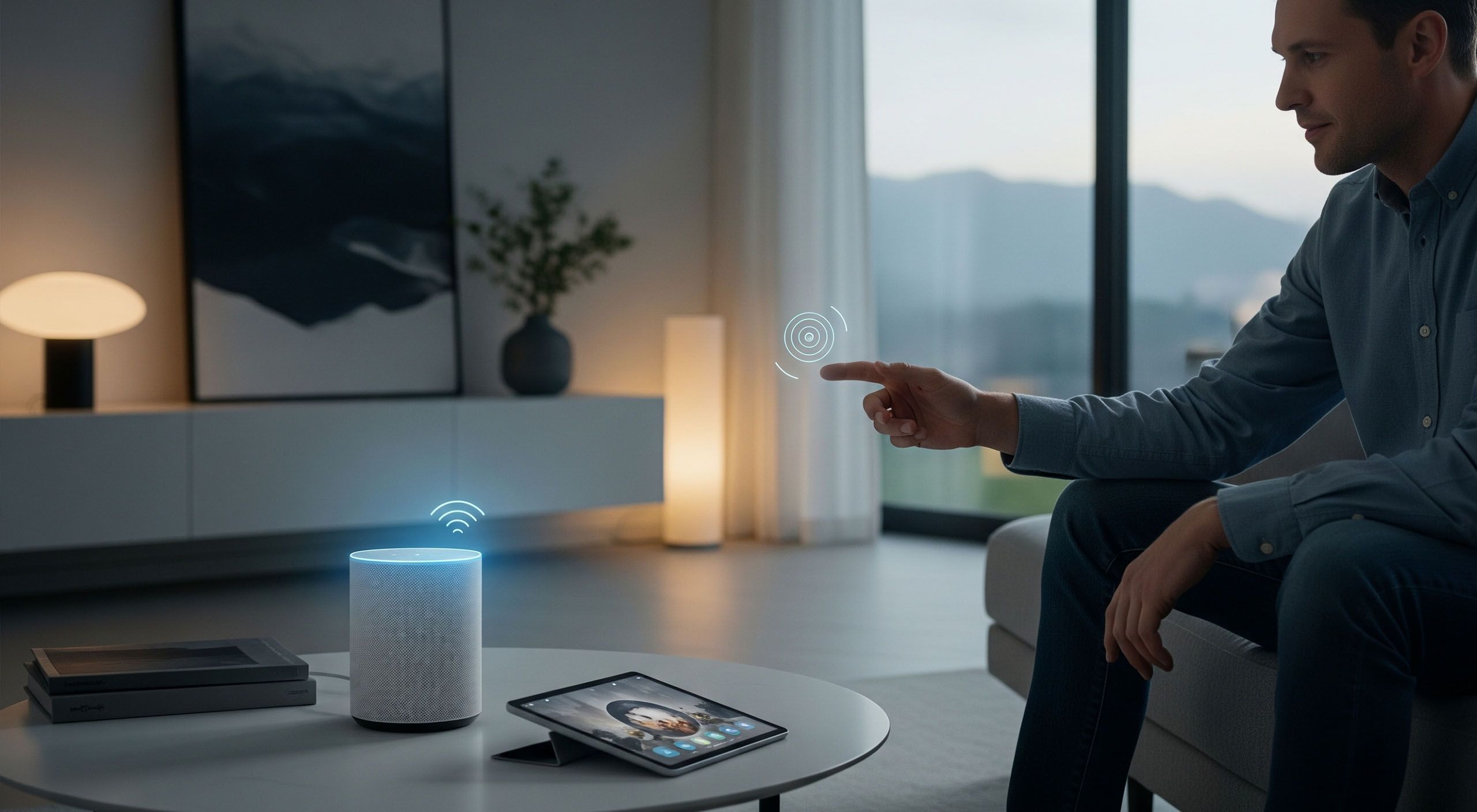 A contemporary living room scene with subtle glowing interfaces emanating from a smart speaker and a tablet, suggesting an intelligent, responsive home environment. A person is casually interacting with the air, symbolizing voice commands, with soft, ambient light filling the room.