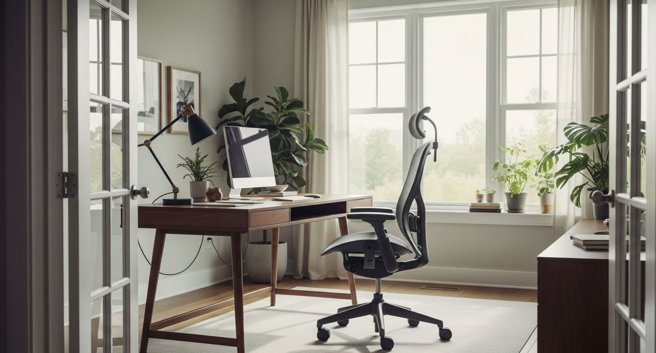 A stylish and functional home office with a sleek desk, ergonomic chair, and natural light