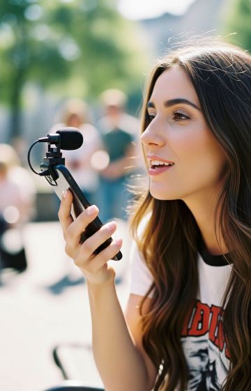 Female influencer using her smartphone and a microphone to generate content.