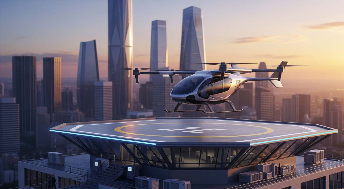 Concept of an eVTOL flying taxi landing at a rooftop vertiport in a futuristic city.