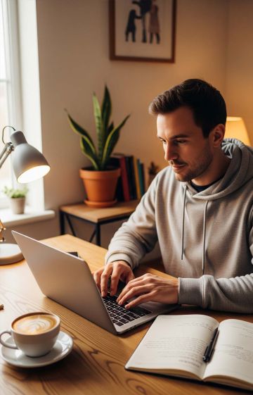 Person working on a laptop at home with coffee and notebook for a side hustle project