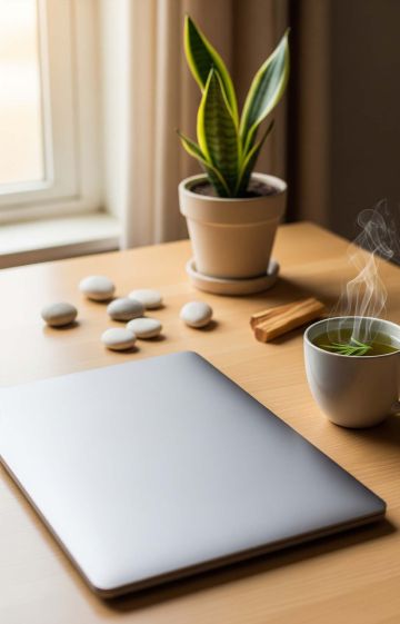 Minimalist desk with closed laptop, tea, and plant representing digital wellness and balance