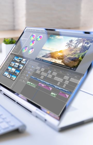 Image of a pc with post production tools for video editing content.